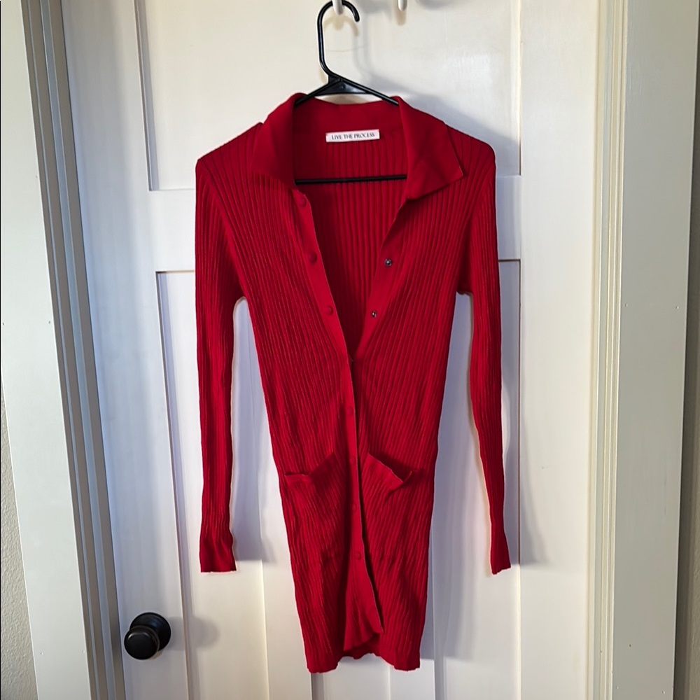 Live the Process Red Ribbed Long Cardigan
